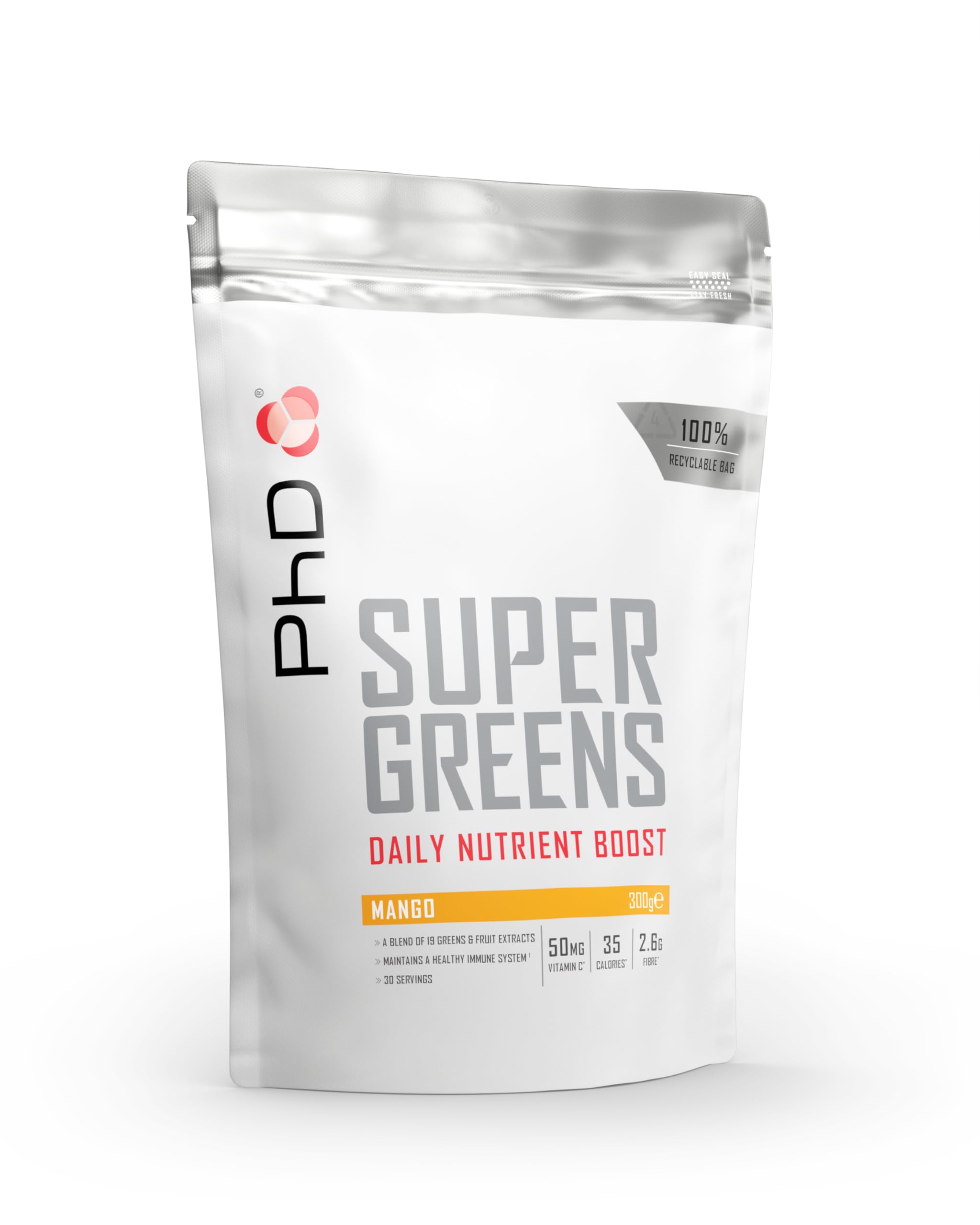 PhD Nutrition Super Greens Powder, Mango Flavour, High Fibre Low Sugar, Blend of 18 Nutrient Rich Fruits and Vegetables, 300 g