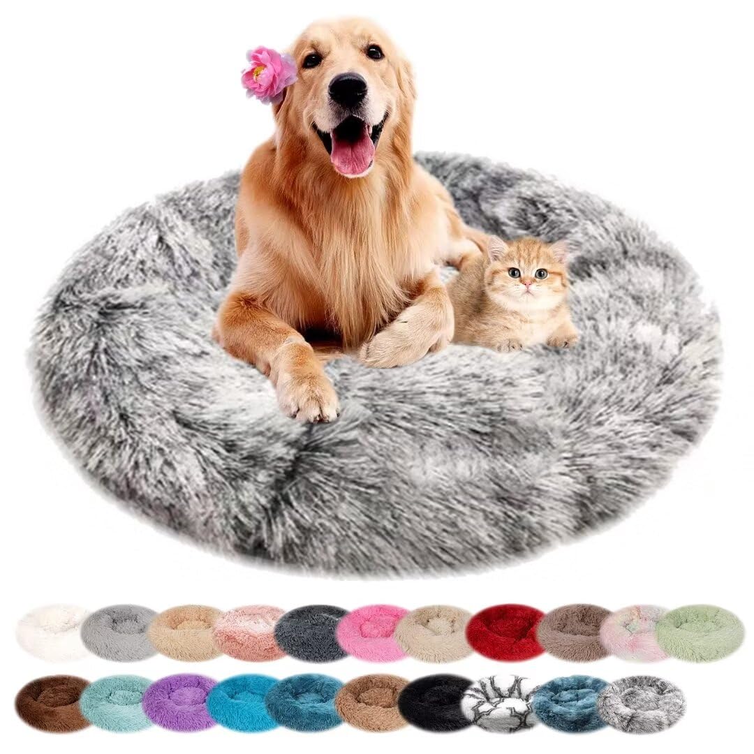 nvdsivee Dog Bed Plush Round Cat Bed for Indoor Cats Puppy Bed Washable Calming Dog Beds Cushion for Small Medium Large Dogs Dog Mattress with Anti-slip Bottom Black Gray 70cm