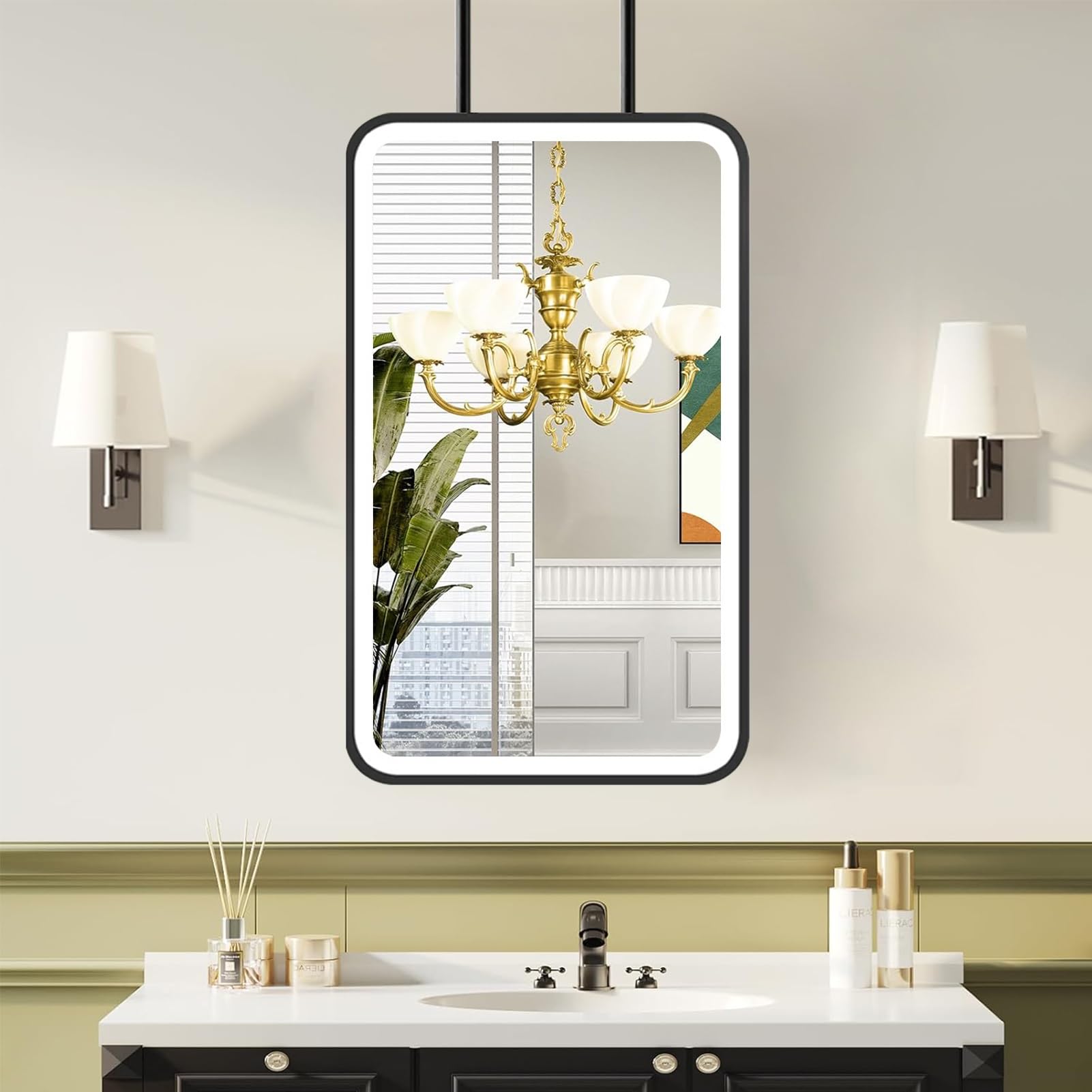 FGXHHS Metal Hanging Lighted Mirror｜Ceiling Mounted LED Mirrors Large Bathroom Makeup Shaving Mirrors｜Floating Suspended Mirror for Bedroom Living Room Entryway(50cmx60cm)