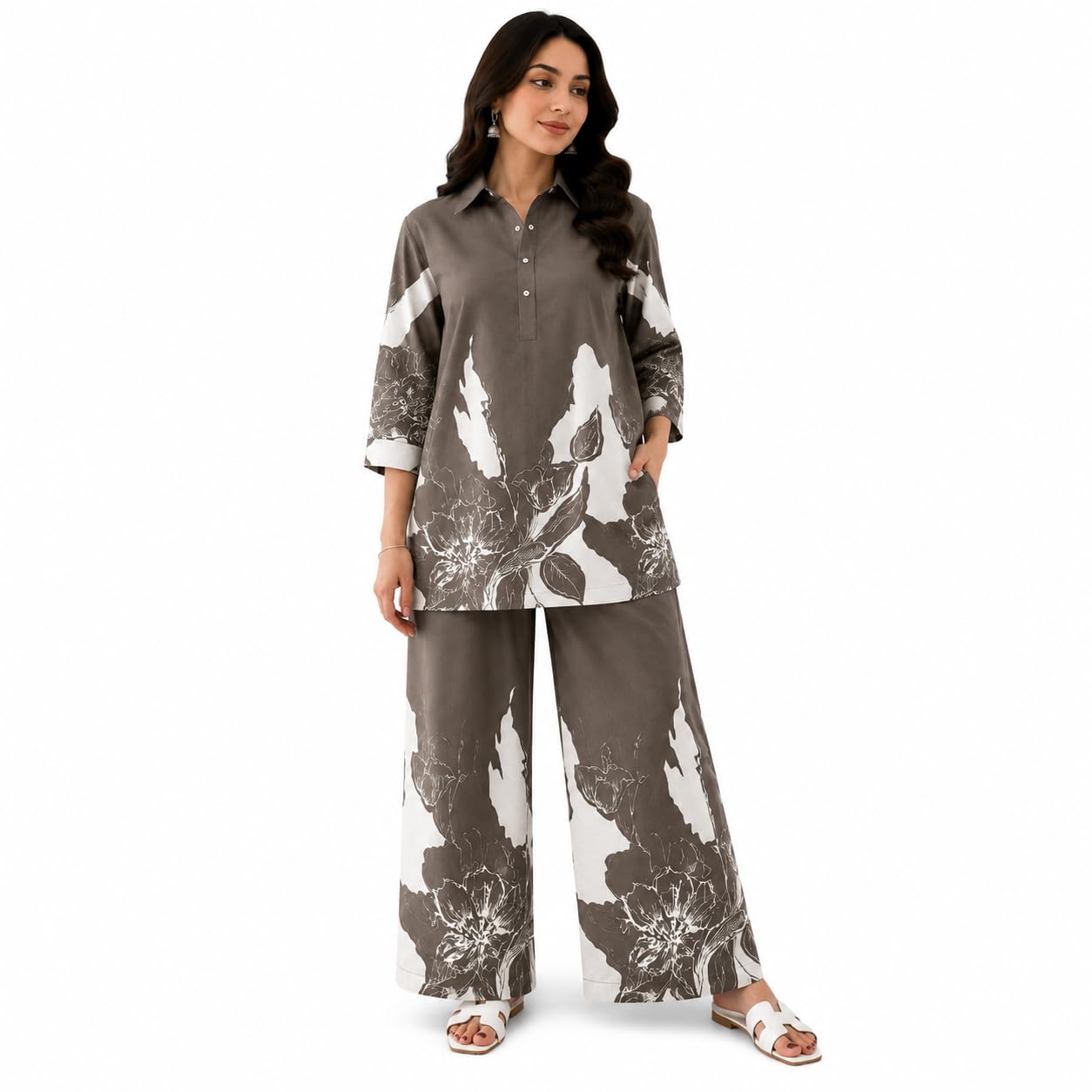 A.S Creation Women's Brown Printed Co-Ord Set | Floral Shirt Collar Top & Wide Leg Pants | Stylish Two Piece Outfit for Casual, Office & Daily Wear-image-2