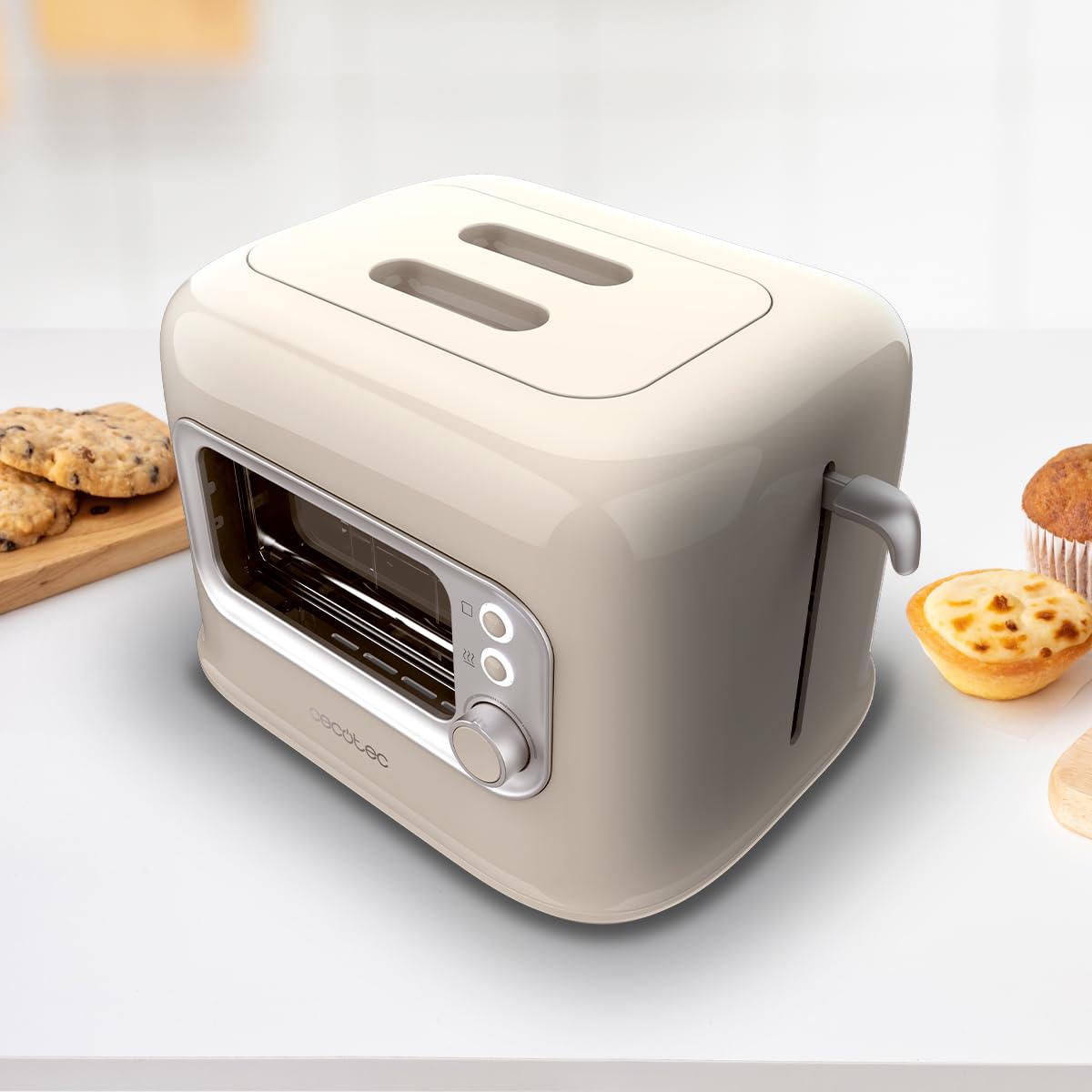 Cecotec Tostadora Vertical con 2 Ranuras Anchas y Ventana Control RetroVision Beige. 700W, Diseño Retro, Cubierta Antipolvo, Apagado y Pop-up Automático, 5 Niveles de Potencia, Beige