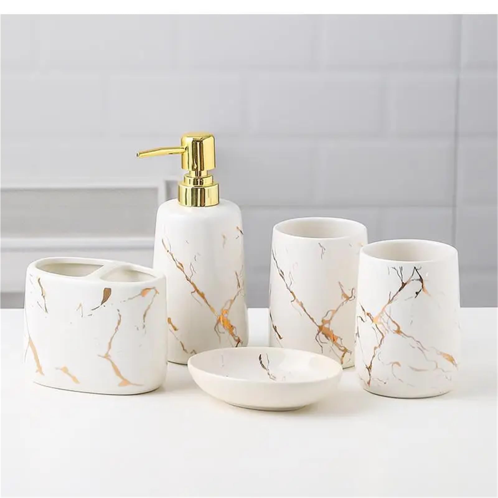 Dispensador de Jabon Accesorios de baño, Soporte cerámica for cepillos Dientes, Taza, jabonera, dispensador Pasta, Bandeja Almacenamiento for el hogar(White)