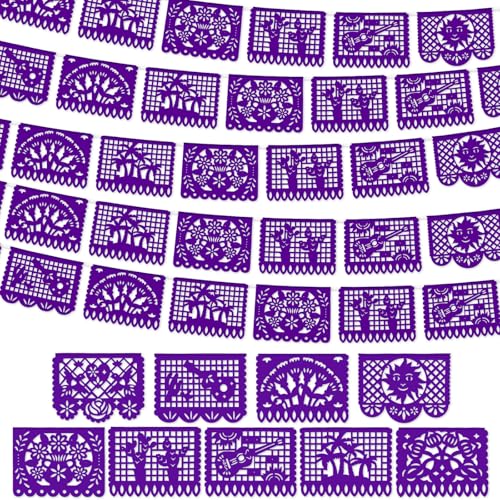 Image of VitalCozy 4 Pack 59 ft Mexican Papel Picado Banner Plastic Mexican Talavera Party Fiesta Banner Wedding Hanging Decorations for Cinco De Mayo Cielito Lindo Party Supplies(Purple)