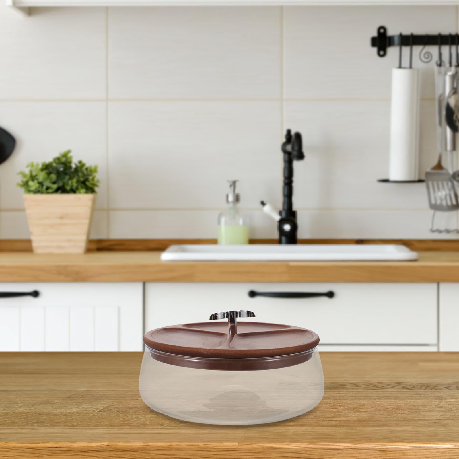 Cuenco de Vidrio para Aperitivos de 1200ml con Tapa de Madera | Cereales y Snacks, Uso en Cocina y Encimera, Diseño Decorativo, Elegante y Moderno