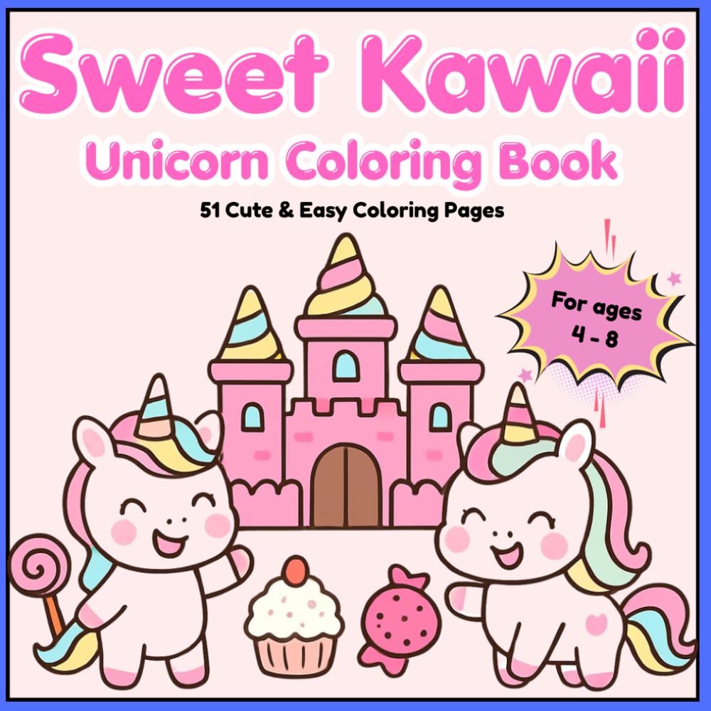 Sweet Kawaii Unicorn Coloring Book: 51 Adorable Coloring Pages Filled with Cute Unicorns, Cupcakes, Candy, Ice Cream and Sweet Treats for Kids Ages 4–8
