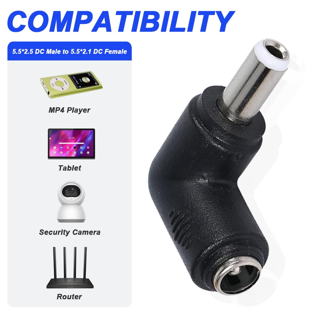 Adapter konwertera zasilania DC, kąt prosty 90 stopni 5,5 x 2,1 mm żeński na 5,5 x 2,5 mm męski DC wtyczka jack zasilania do laptopa, kabel DC (10 sztuk)