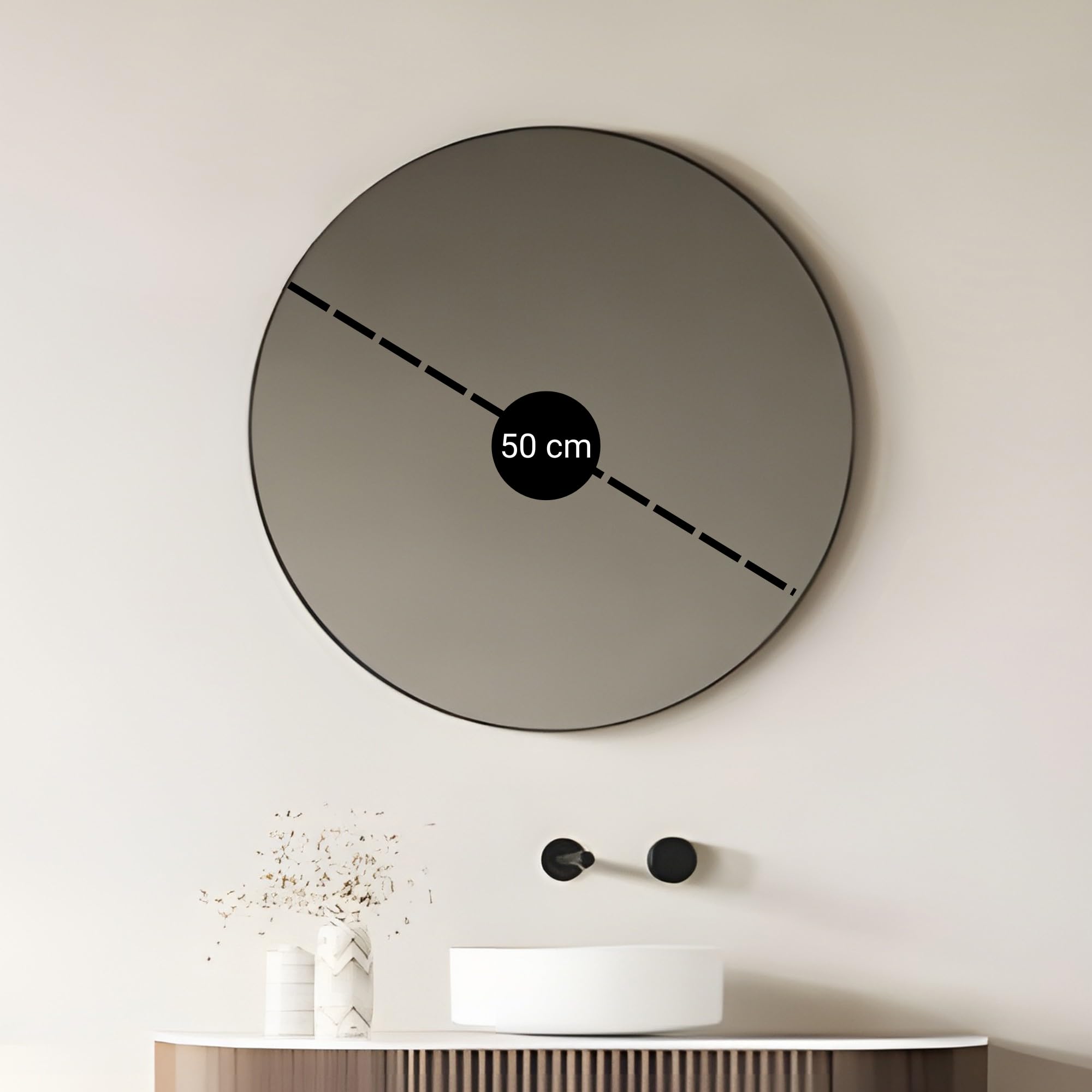 Bayt Specchio da Parete Rotondo Ø 50 cm – Specchio Bagno, Ingresso e Camera da Letto, Resistente all'Umidità, Metallo, Kit di Fissaggio, Nero Opaco