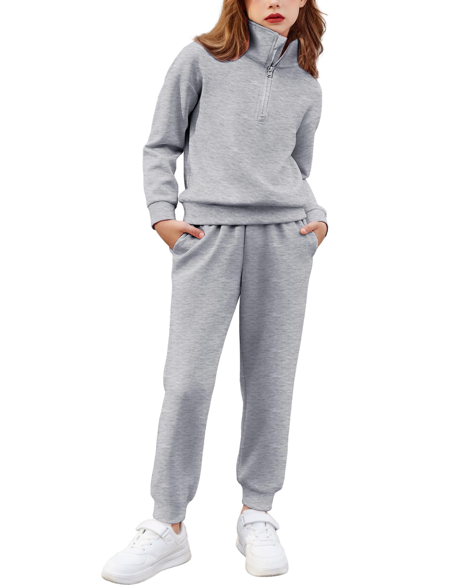 Arshiner Girls 2 Piece Outfits Sweatsuit Set Half Zip Lapel Collar Long Sleeve Sweatshirt Sweatpant Tracksuit Sets