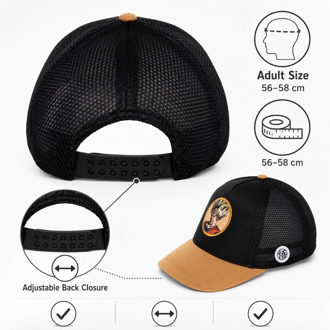 Gorra Dragon Ball Z para Niño y Juvenil, Gorra Infantil de Visera con Rejilla, Negra y Marrón, Bordados Frontal y Lateral, Talla Única 51-54 Centimetros