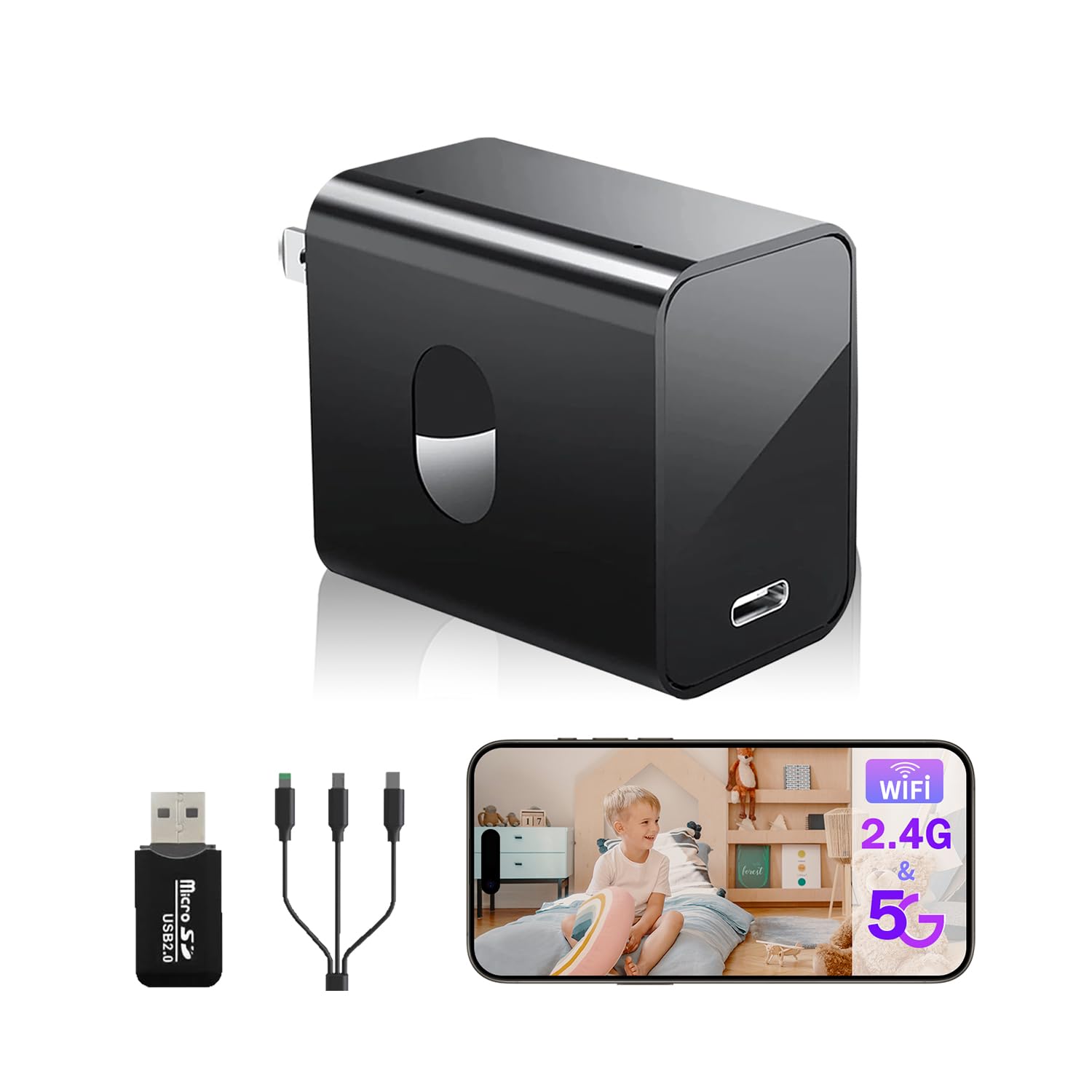 QETATIY 2.4G/5G WiFi Security Camera, 4K Body Camera Charger, Nanny Cam with 160° Wide Angle, Night Version, Motion Detection, Mini Cameras for Home