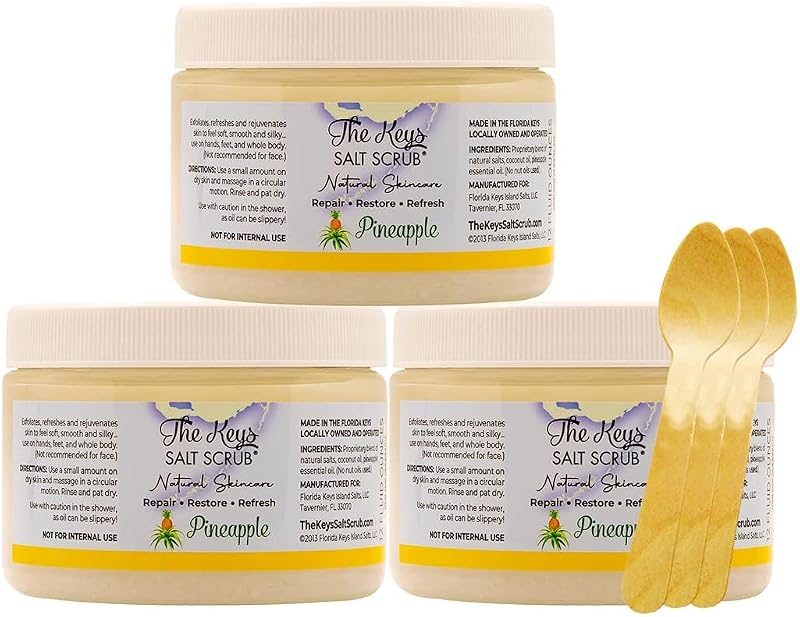 The Keys Salt Scrub Esfoliante corporal de sal marinho com colher de madeira, abacaxi, 12 oz, pacote com 3