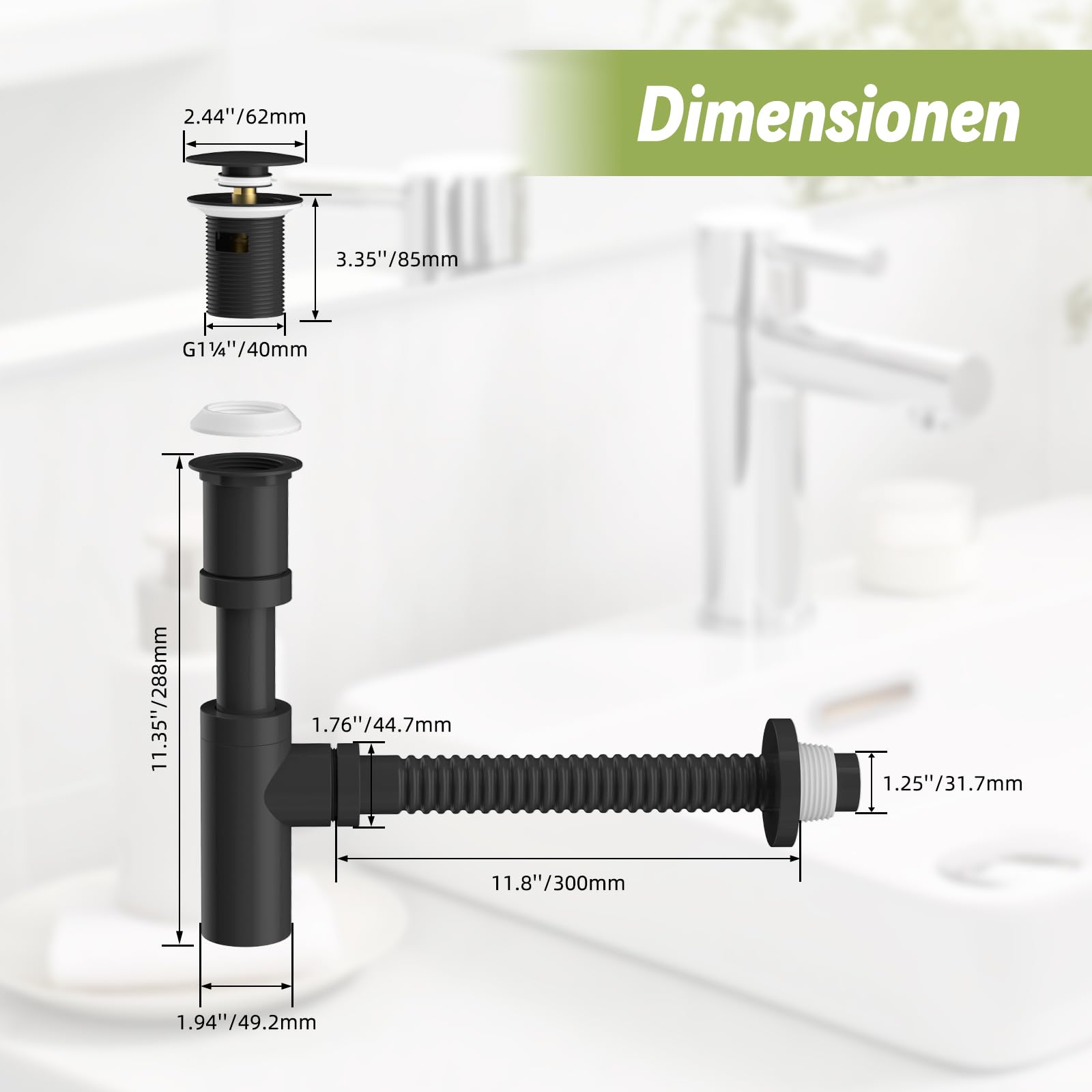 Hibbent Siphon mit Pop Up Ventil Ablaufgarnitur für Waschbecken mit und ohne Überlauf, Höhenverstellbares & Biegsames 304 Edelstahl Abflussrohr - G1 1/4" (ca.40mm) Universalanschluss - Schwarz