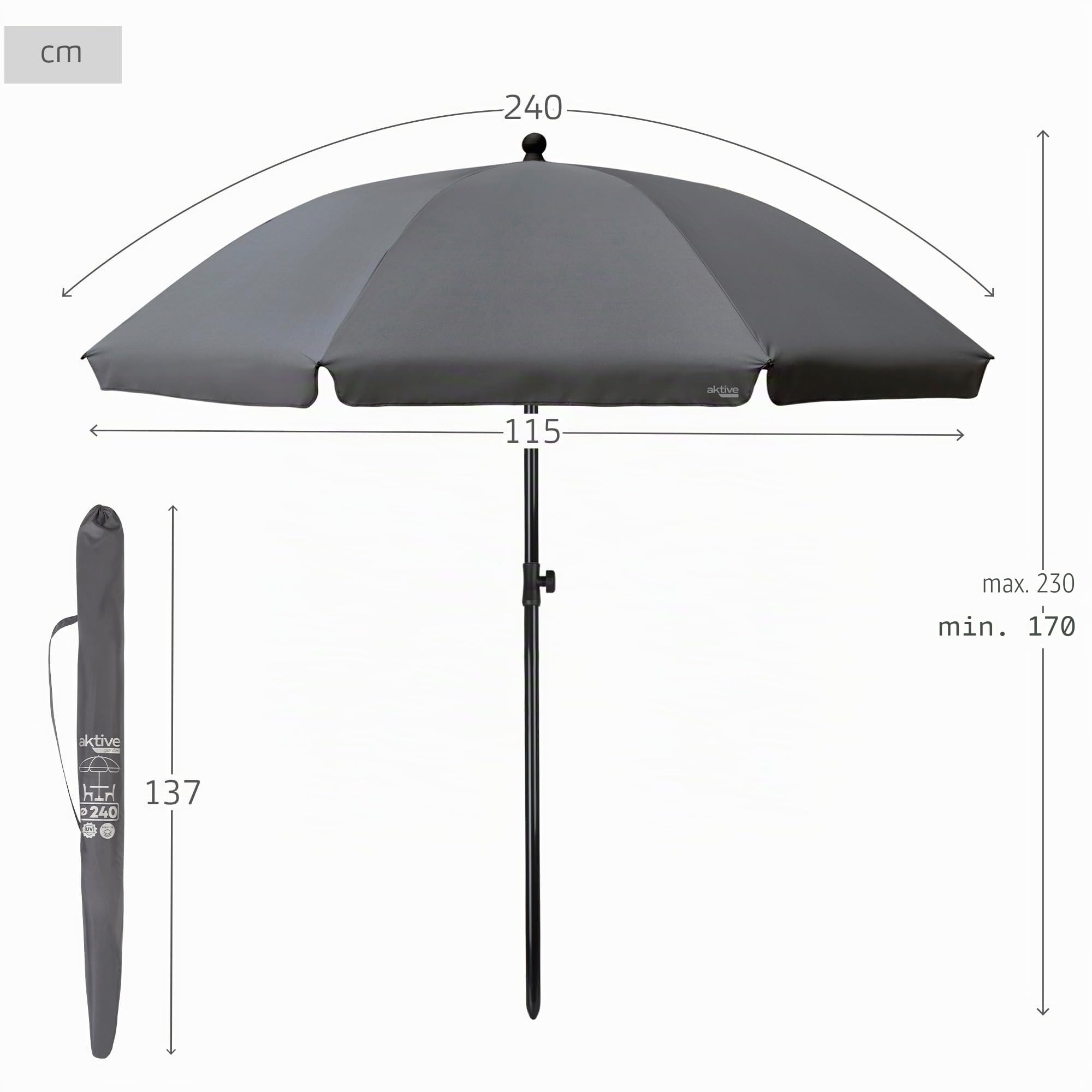 AKTIVE Parasol de Jardin, avec Protection UV30, Ø240 cm, Gris, Mât 28-32 mm, Mât Flexible, Hauteur Réglable, Grands Parasols, Jardin