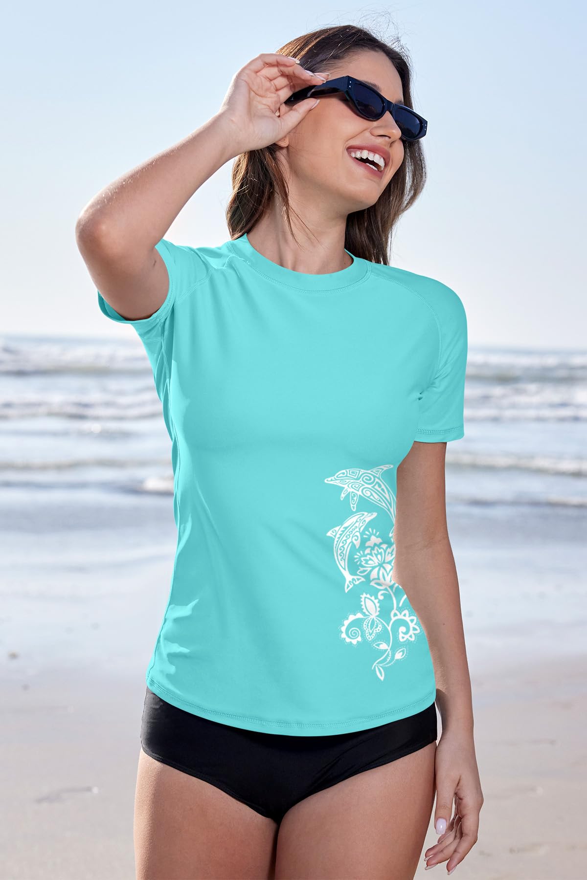 BesserBay Camiseta de manga corta Rash Guard para mujer, con bonitos estampados, con protección UV UPF 50+, tallas S-XXL, azul