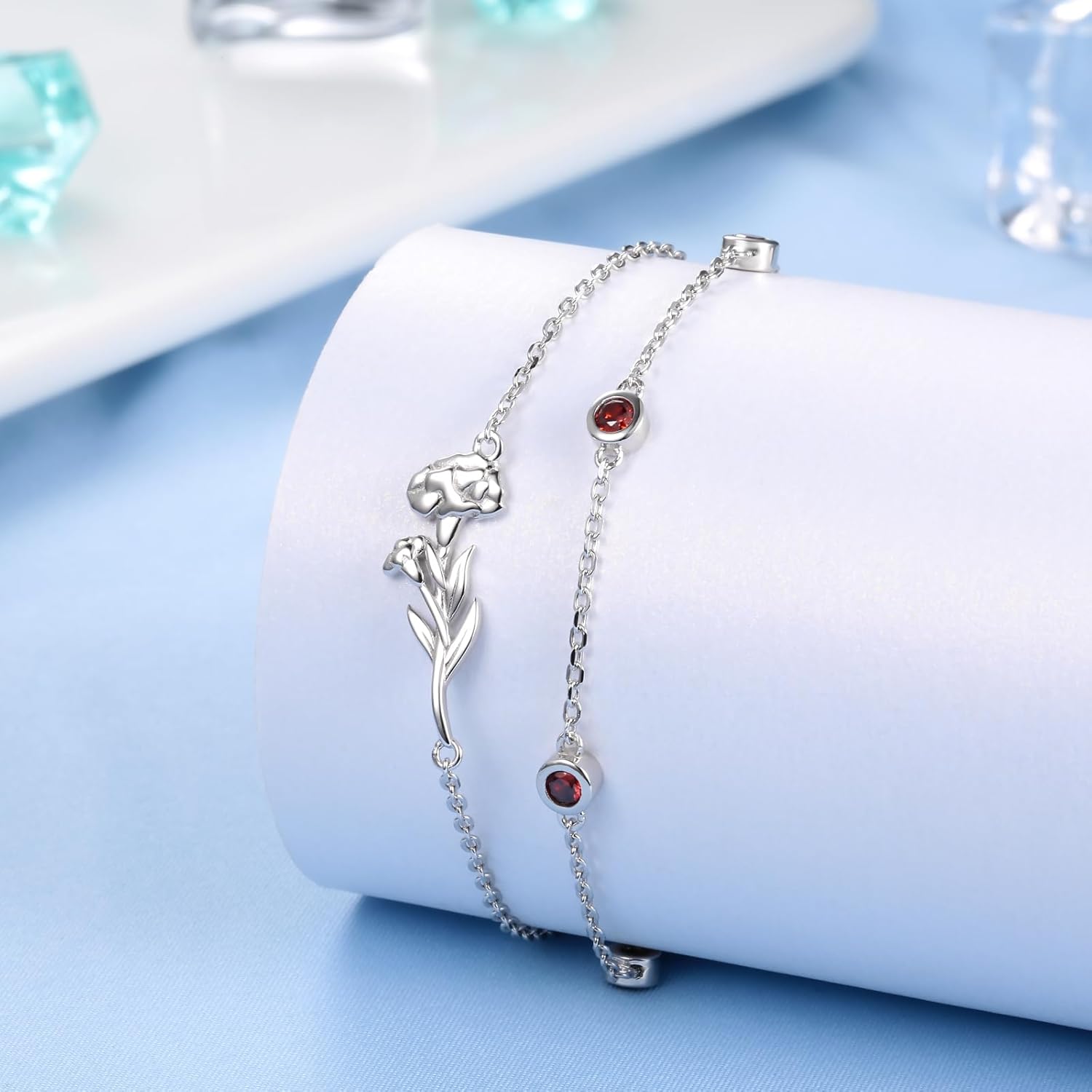 MANBU Birthstone Birth Flower Bracelet for Women: Sterling Silver double Layer Chain Birthstone Bracelet Birthday Gift for Teen - Image 4