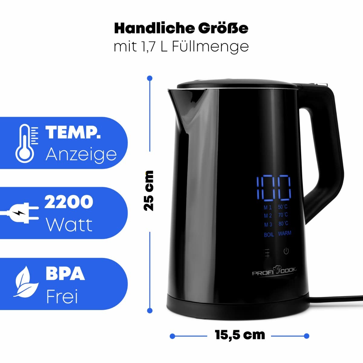 ProfiCook® Hervidor con ajuste de temperatura 1,7 litros - selección de temperatura 50°-100°C, función mantener caliente, tetera con ajuste de temperatura - PC WKS 1243