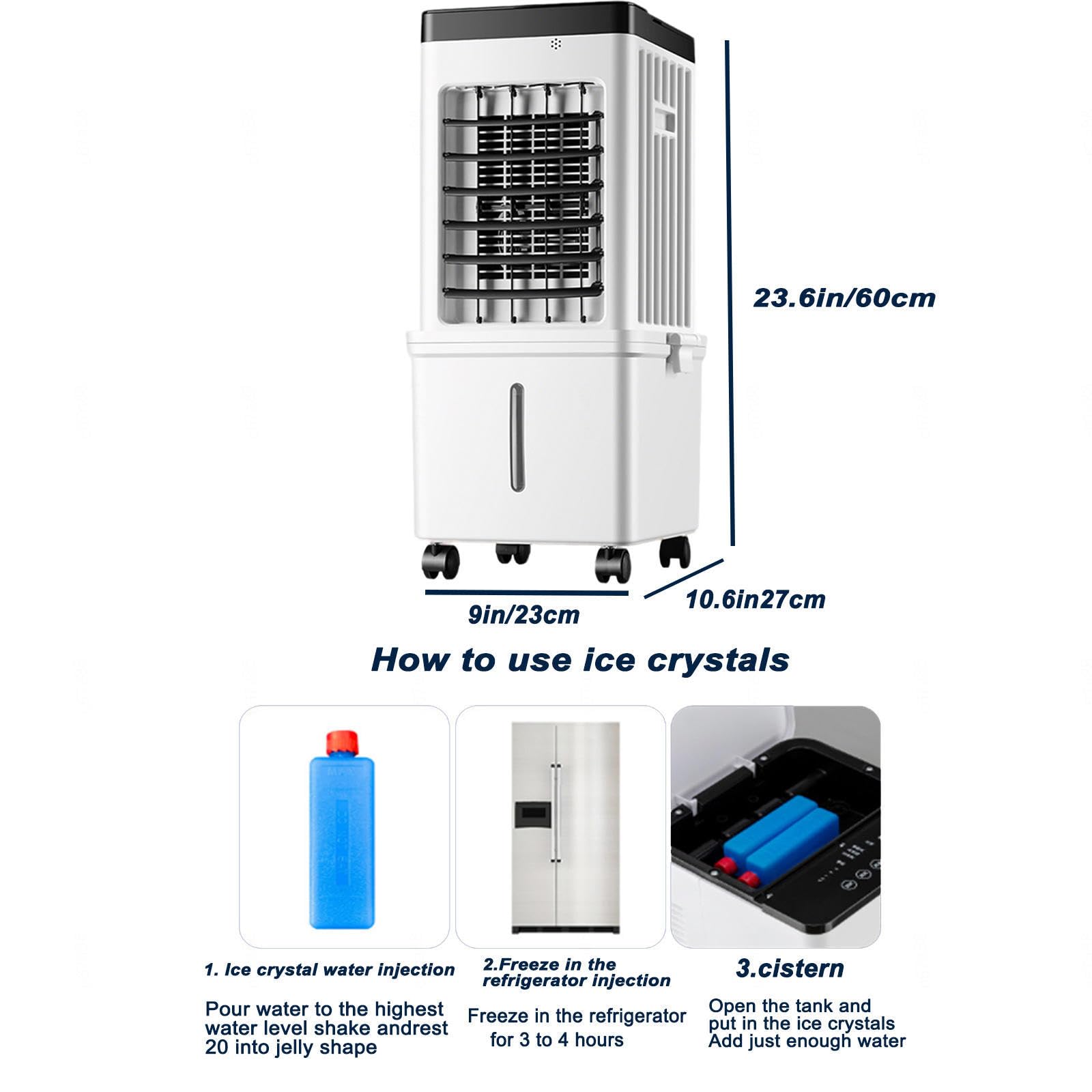 Ventilatore evaporativo Portatile da 75W con Oscillazione a 90°, 4 impacchi di Ghiaccio, Telecomando, 3 modalità e 3 velocità, Timer da 7.5 Ore e Ruote per casa,Ufficio