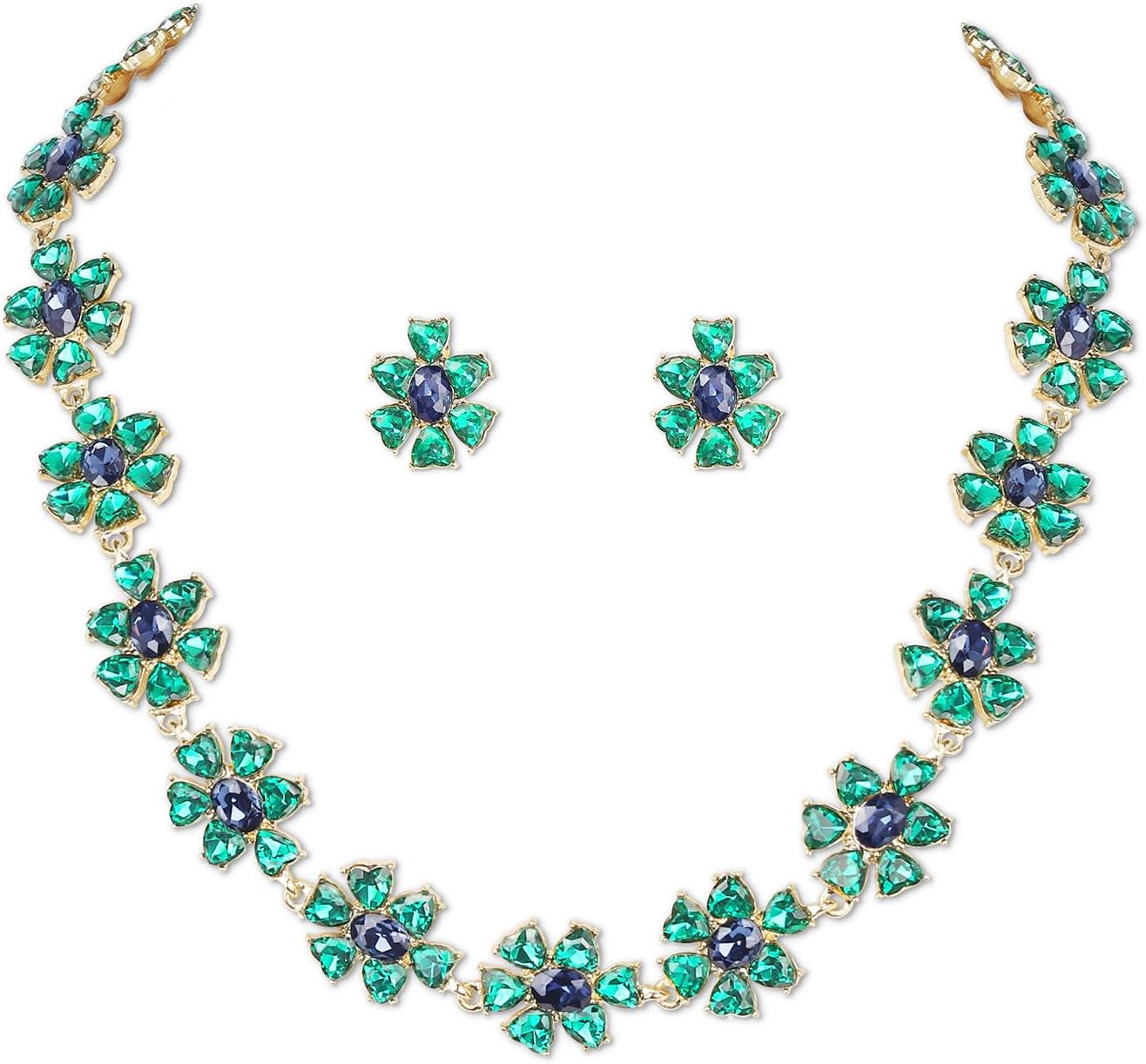 Jewelry Set for Women, Necklace Dangle Earrings, Gold Plated Jewelry Set with Austrian Crystal, Allergy Free Wedding Party Jewelry for Bridal Bridesmaid (Emerald)
