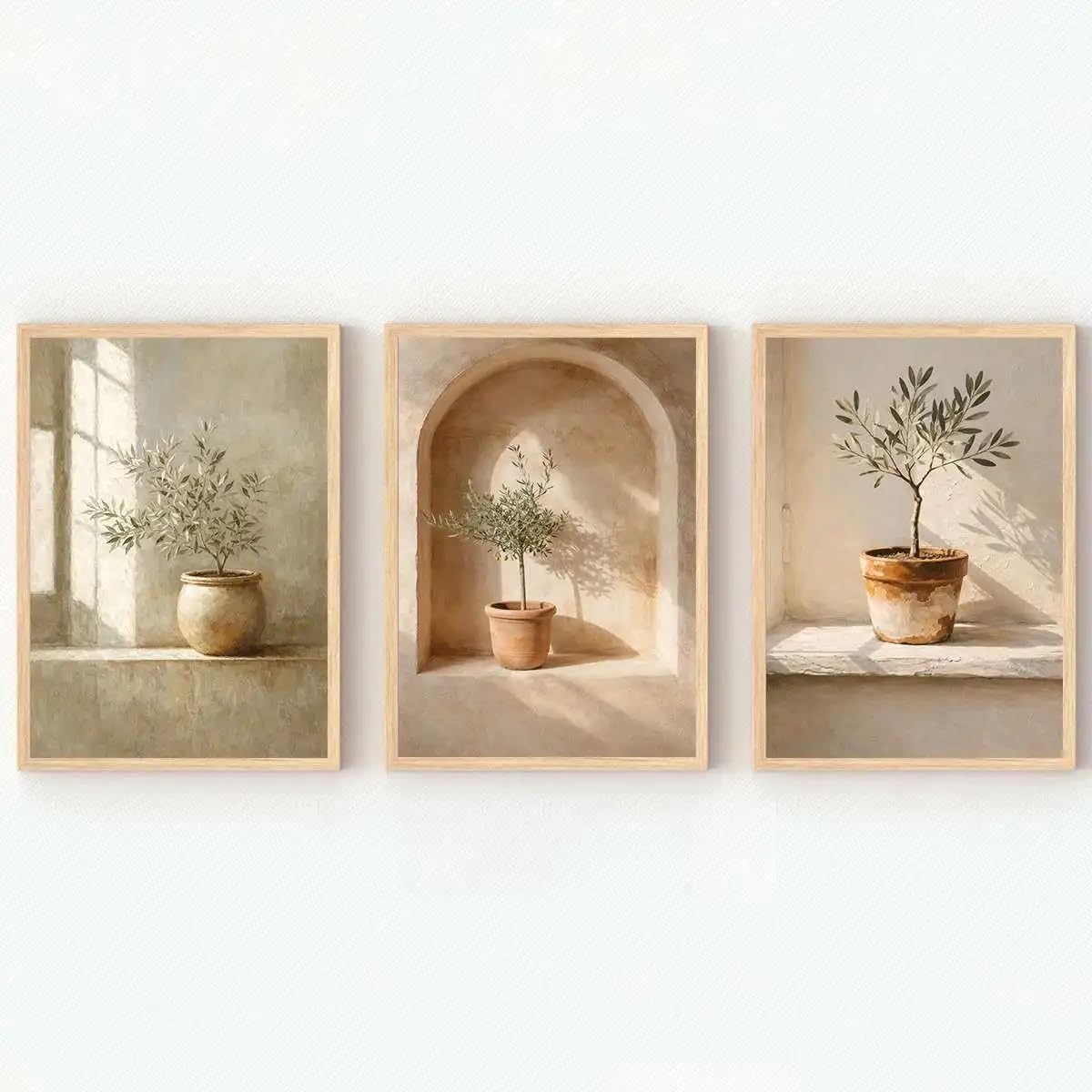Dittelle Quadro su tela in stile boho con stampa di piante, poster con piante in vaso illuminate dal sole, decorazione murale retrò (60x90 cm/3 pezzi senza cornice)