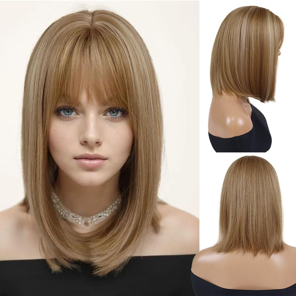 GNIMEGIL 16 inch Medium Length Light Brown Wig with Bangs Short Bob Wigs Straight Hairstyles Natural Full Wigs for Women Student Wig Heat Resistant Synthetic Fiber Roleplay
