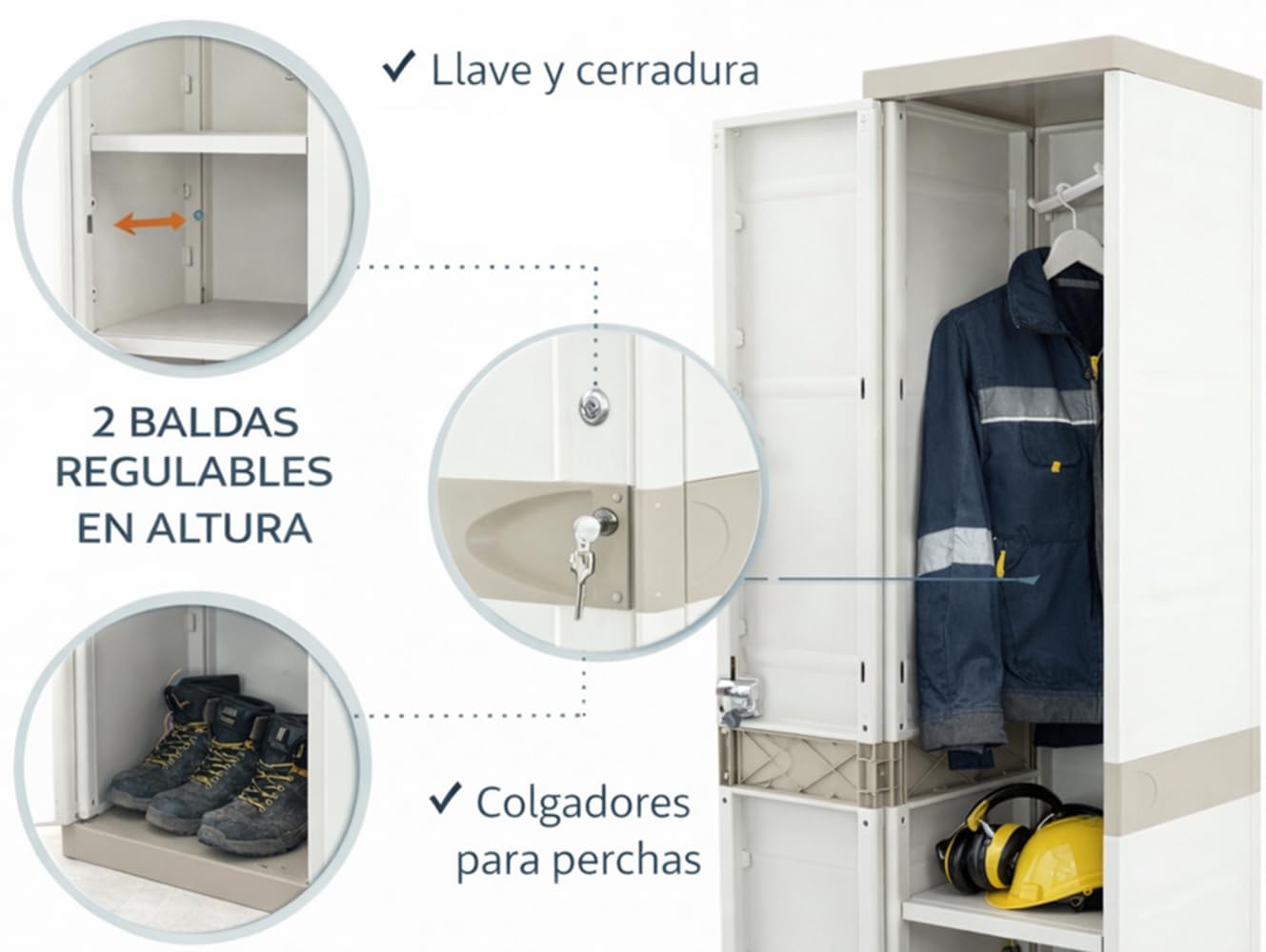 Recamania Taquilla de plástico Color Beige con Llave, Colgador, 2 baldas Regulables | Medidas: 176x41x35 cm