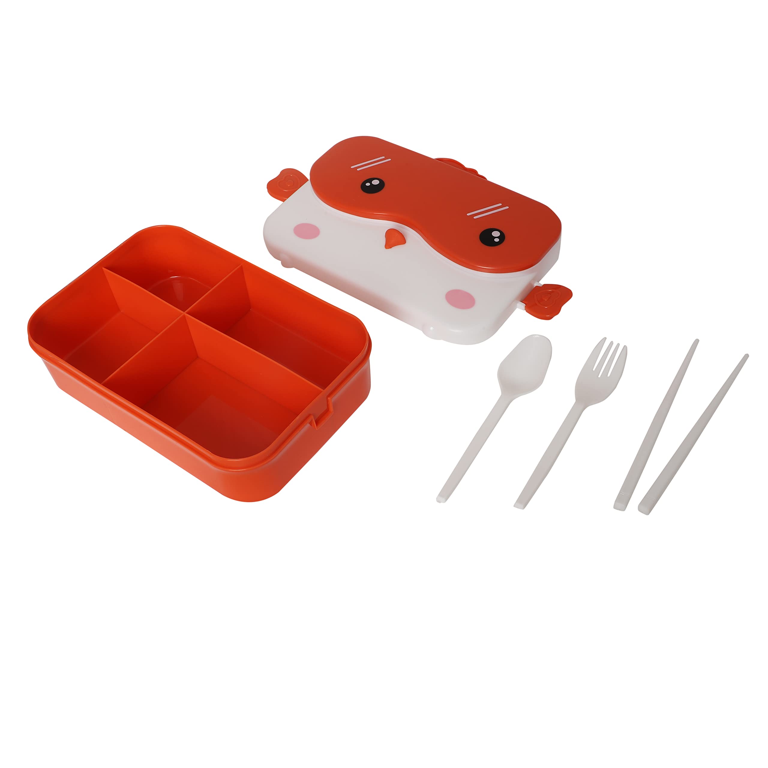 4 Compartment Lunch Box with Leak Proof Lid along with cutlery storage on top cute bird design (Plastic Spoon, Fork and Chopsticks included) (Orange)