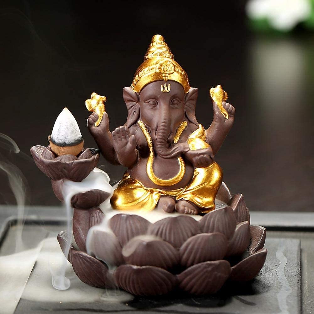 FuoruisiIncense burner-Backflow Aromatherapy Oven Elephant Ganesha Sitting Lotus Backflow Aromatherapy Furnace Home Decoration