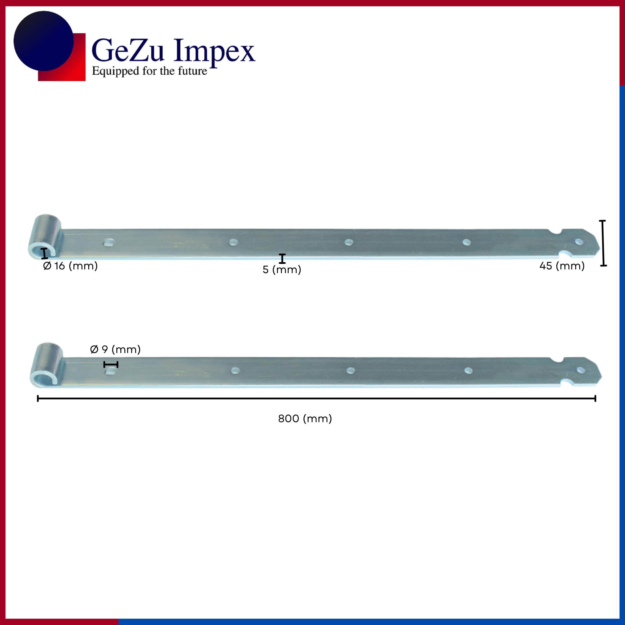 GeZu Impex® Zawias do bramy 800 mm, galwanizowany, zestaw 10 wytrzymałych zawiasów taśmowych, taśma hakowa