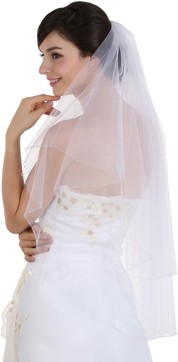 SAMKY 2T 2 Tier Clear Crystal Beaded Bridal Wedding Veil - Image 3