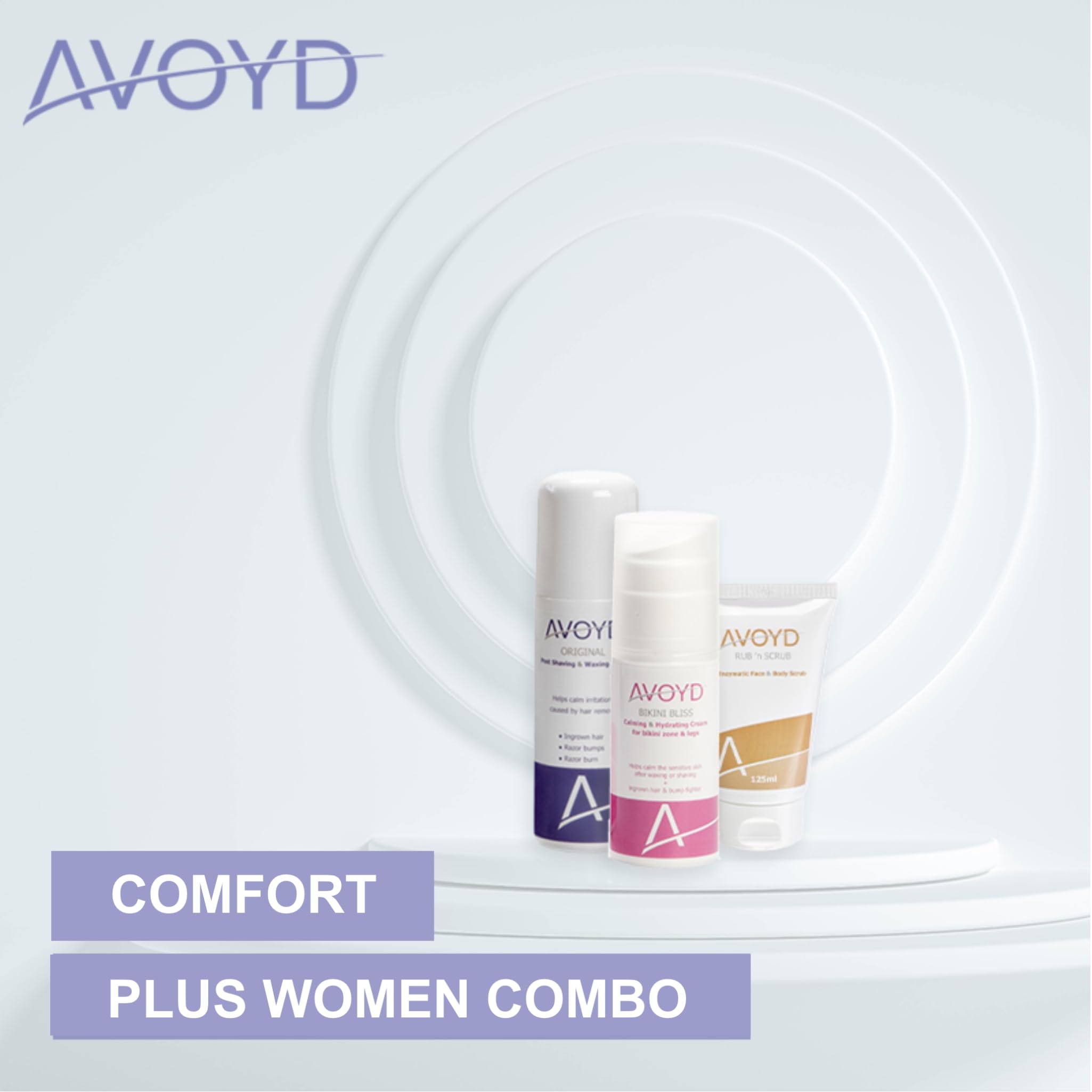 AVOYD Comfort Plus Paket für Frauen gegen Rasierpickel, Rasurbrand und eingewachsene Haare – für glatte Haut nach der Haarentfernung. Avoyd Original + Bikini Bliss + Rub 'n Scrub.