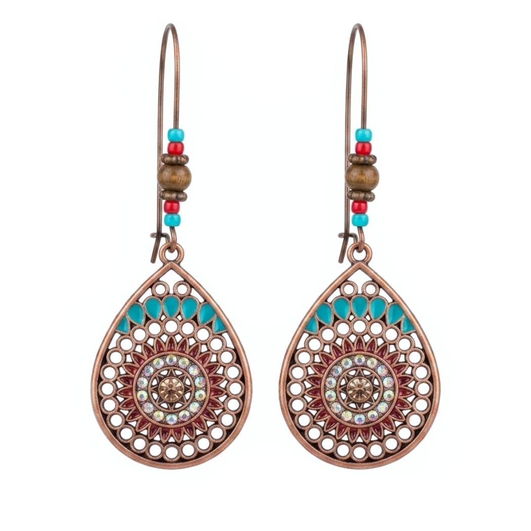 Orecchini Boho Donna - Gioielli Bohémien - Pendenti Etnici Hippie Mandala | Orecchini Pendenti Chiusura Sicura - Motivo Mandala - Leggeri - Stile Estivo - Turchese Rame Antico - Con Scatola Regalo