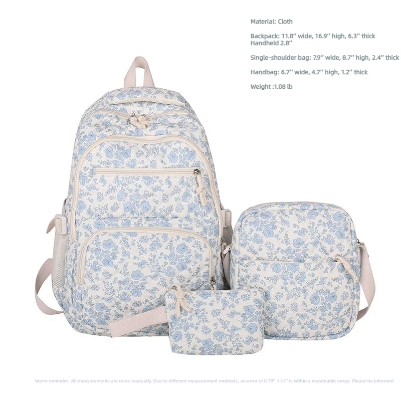 Floral Pattern Backpack Set, 3-Piece Travel Bag Collection with Lunch Box, Lightweight Cloth Material, 16.9 inch Height (blue)2