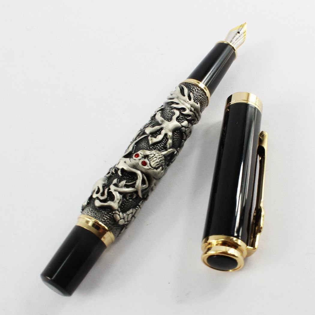 Gullor Antique Silver Lucky Dragon Fountain Pen 18kgp with Golden Clip