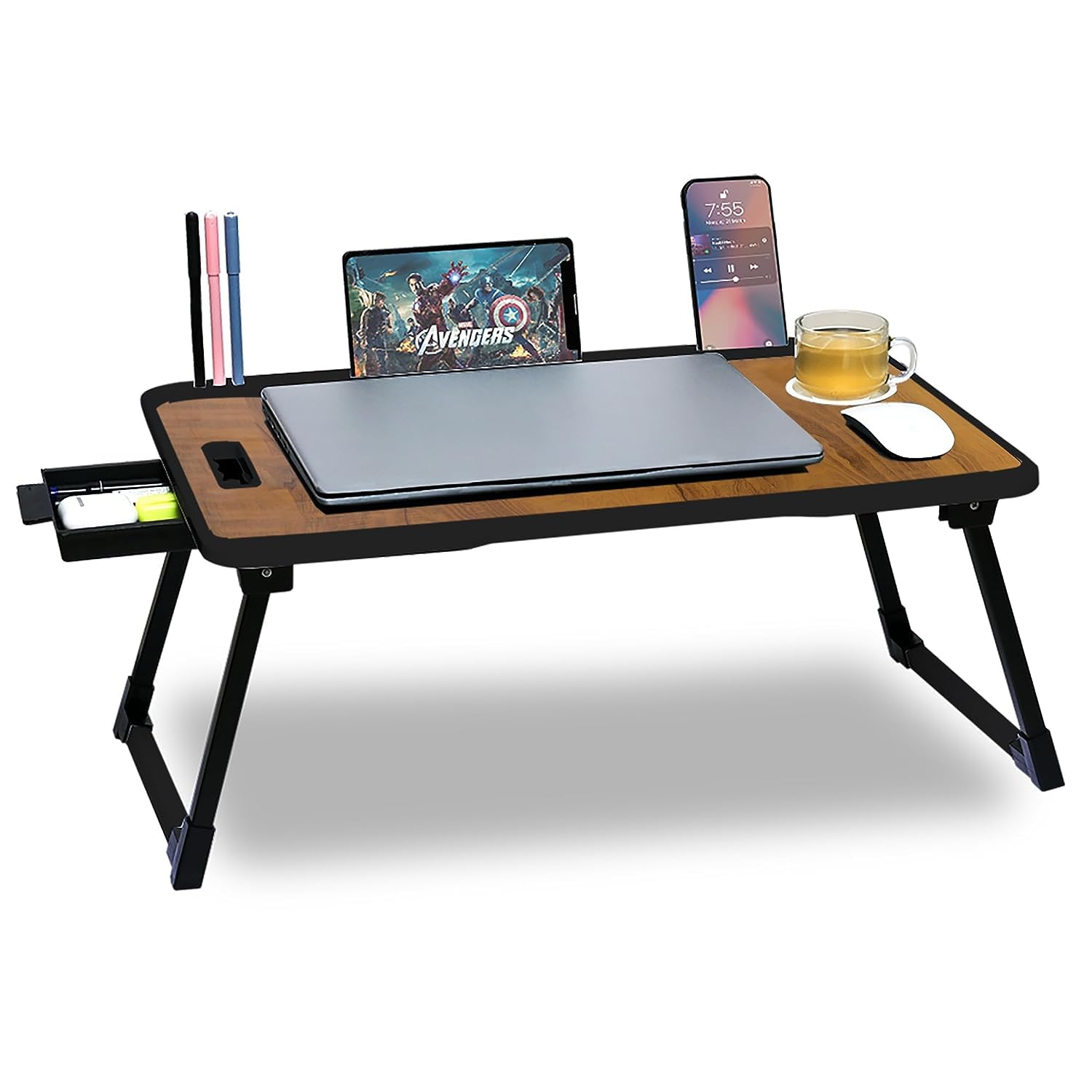 DRM Mart Drm Laptop Stand For Desk, Computer Stand Laptop Table, Phone And Tablet Stand For Desk, Portable Laptop Cup Holder Compatible With Foldable Leg, Laptop,Table (Wood Cotted)