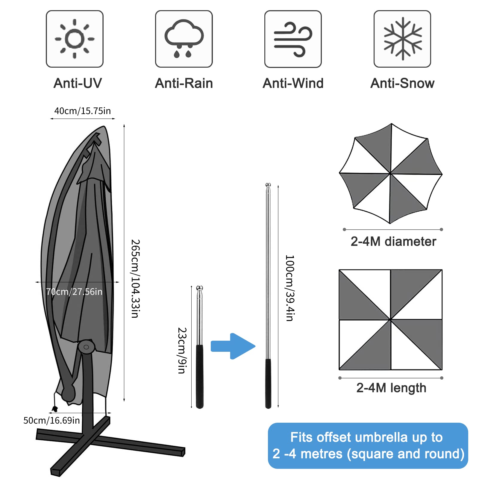Housse De Parasol Déporté Imperméable Et Anti-UV - 265 Cm, Tissu Oxford 210D, Pour Jardin, Plage, Balcon