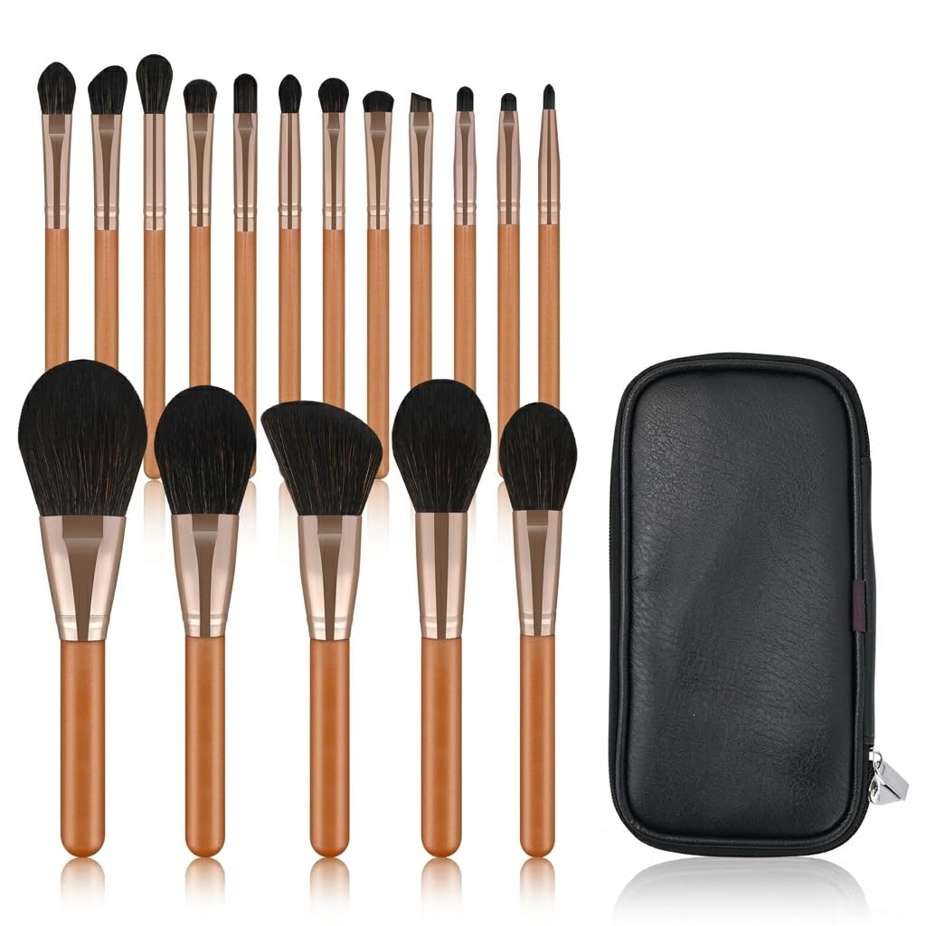 Set Pennelli Trucco 17 Pezzi Manico, Struttura compatta, Pennelli Trucco Base, Sfumature, Per Giovani Artiste, Set di 17 pennelli per trucco rosso acero con borsa con cerniera in PU nera