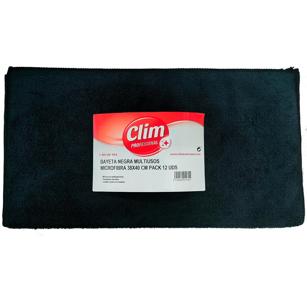 Clim Profesional Lot de 12 Chiffons en Microfibre Multi-usages | Résistant et Durable de Couleur Noire | Lot de 12 Chiffons Extra Larges 38 x 40 cm | Réutilisables et lavables
