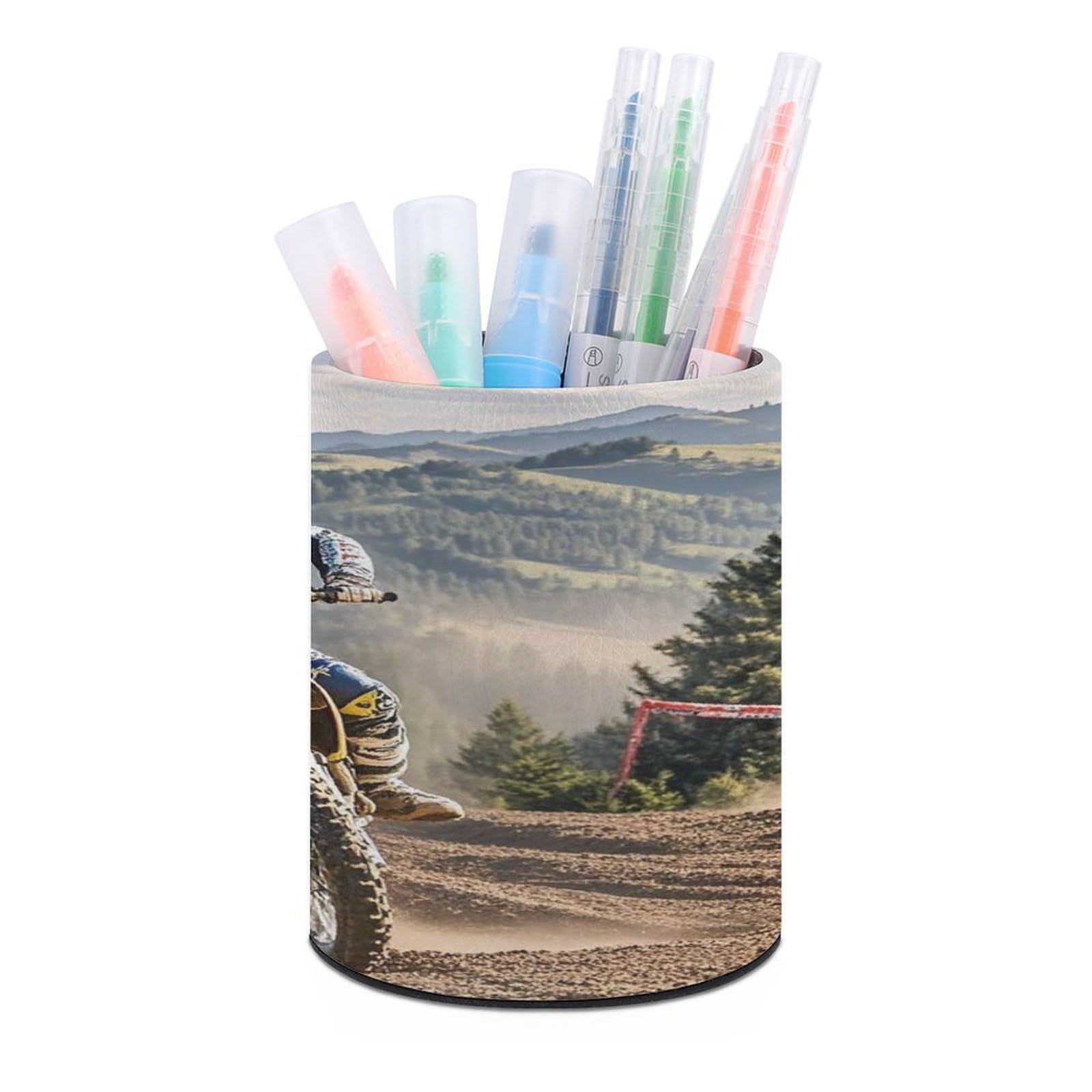 FekiLoot Round Leather Pen Holder - Multipurpose Desk Organizer, Modern Pencil Cup, Motocross Pencil Holder, Unique Makeup Brush Holders for Office Home Supplies & Gifts