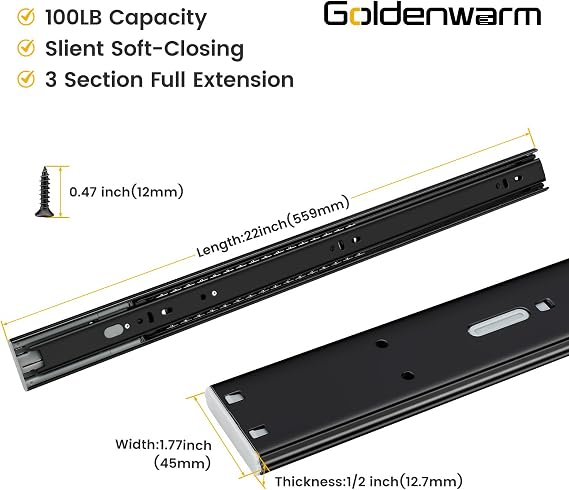 Goldenwarm 22 Inch Black Soft Close Drawer Slides 20 Pack 10 Pairs 100lb