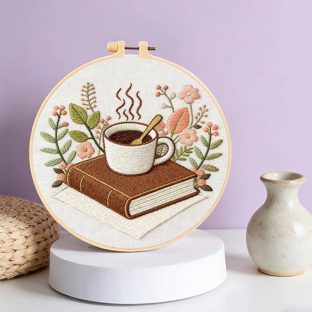 FREEBLOSS 4 Sets Embroidery Kit for Beginners Needlepoint Embroidery Starter Kit with Coffee and Book Stamped Patterns, Instructions, Colored Threads, 2 Hoops 20cm/7.9inch