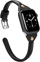 Wearlizer Black Thin Leather Compatible with Apple Watch Band 38mm 40mm for iWatch Womens Men Slim Simple Strap Leisure Rivet Cute Narrow Stylish Wristband (Metal Silver Buckle) Series 5 4 3 2 1 Sport - coolthings.us