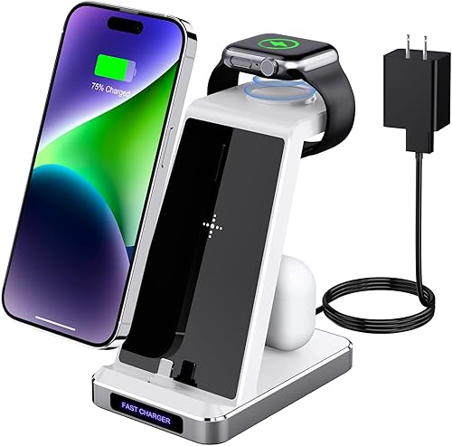 Charging Station for iPhone Multiple Devices - 3 in 1 Fast Wireless Charger Dock Stand for iPhone 15 14 13 12 11 Pro X Max XS XR 8 7 Plus Apple