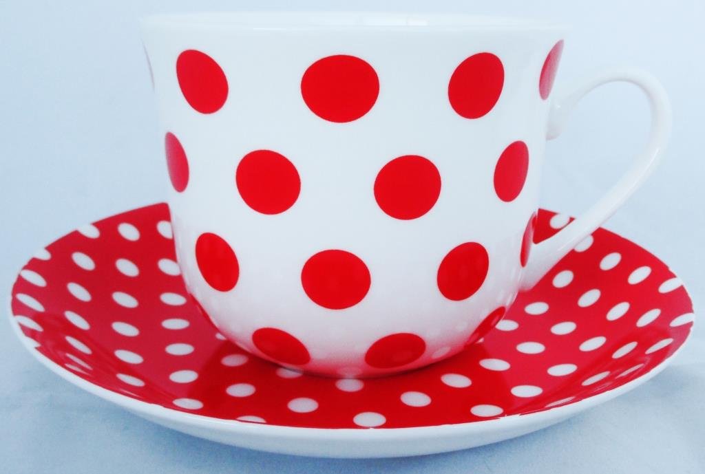 Fromeuropewithlove Red Dots & Spots Breakfast Cup & Saucer Fine Bone China Large Cup & Saucer Hand Decorated In The U.k. Free Uk Delivery