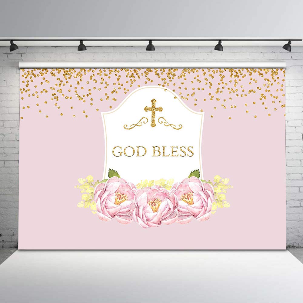 Buy Moca First Communion Backdrop Gold Glitter God Bless Cross Pink