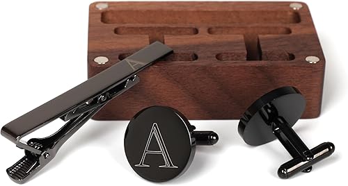 Miniatura 4 de Gemelos con inicial y clip de corbata para hombre, letras del alfabeto de la A a la Z, color negro, acero inoxidable, con caja de madera de nogal