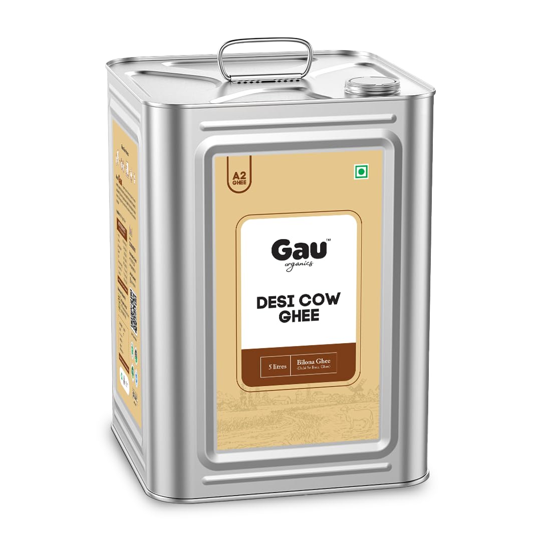 Gau Organics Cow Ghee, Pure and Natural, Hand Made Curd Churned Desi Ghee, Gluten Free, Lactose- Free Cow Ghee, No Preservatives and Chemical-Free Organic Ghee Helps to Boost Immunity (5 Liter)