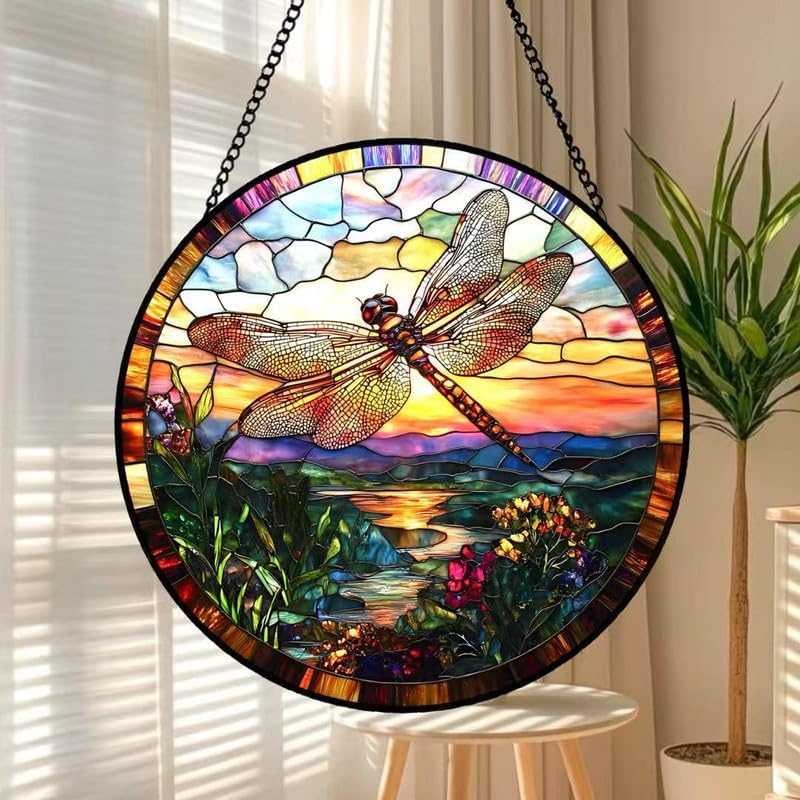 Miniatura 6 de Dragonfly Stained Glass Suncatcher Tiffany Style Dragonfly Window Hanging with Sunset Landscape, Round Colorful Glass Sun Catcher for Home Window