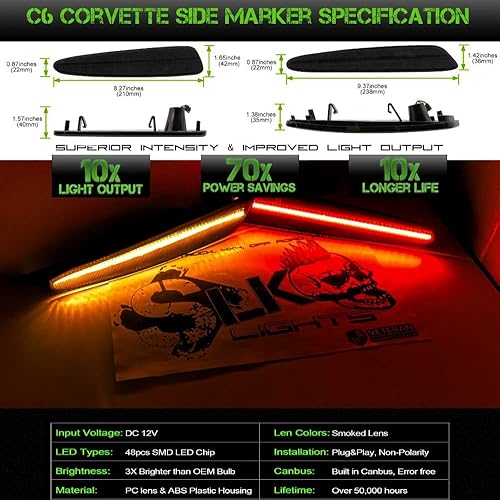 Miniatura 3 de SLK - Luces LED de posición laterales para Chevrolet C6 Corvette 2005-2013 ámbar LED frontal y rojo trasero C6 luces de marcador reemplazan las