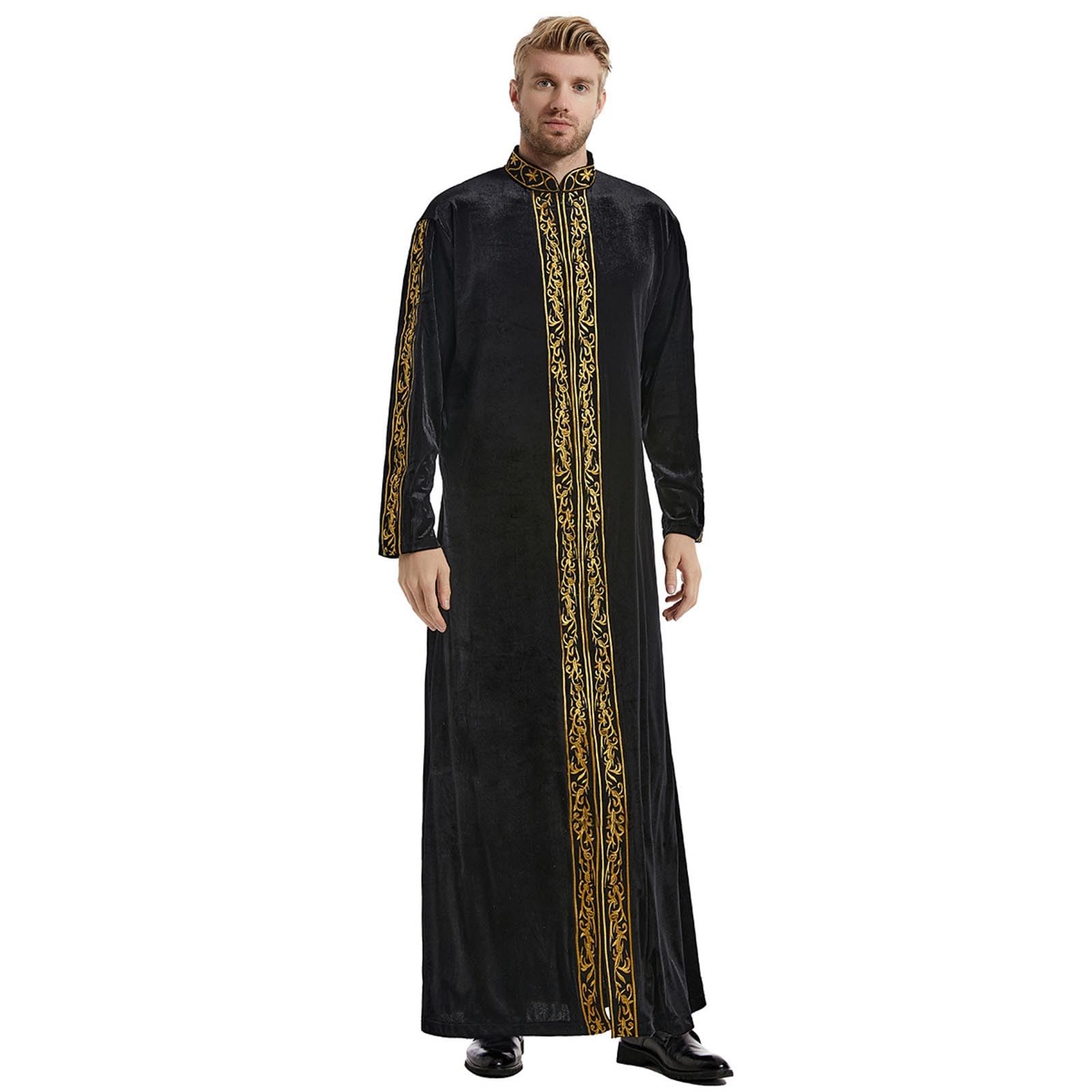Ramadan Caftano Uomo Oro Velluto Abiti Musulmani Abaya Arabo Thobe Manica Lunga Tunica Musulmano Ricamo Islamico Robe Dubai Vestiti Sauditi Medio Oriente Abbigliamento da preghiera