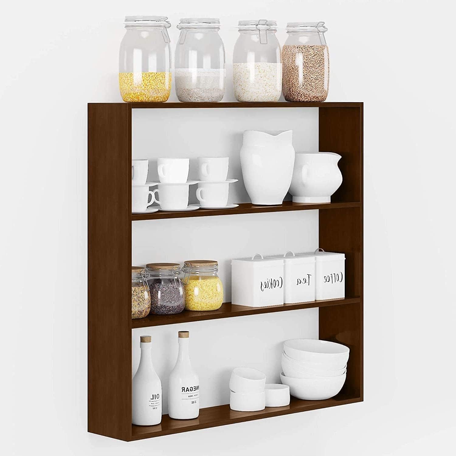 Wall-Mounted Kitchen Storage Shelf, 4-Tier Wooden Display Rack, Brown, for Spices, Jars, Dishes-image-37